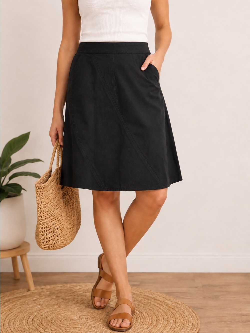 Axcess Black A-Line Skirt with Seamed Panels 100% Cotton Size 6